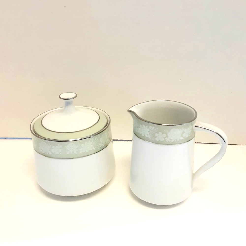Noritake China Vienne Creamer & Sugar Bowl Vintage 6885 Green Band 1960's 1970s
